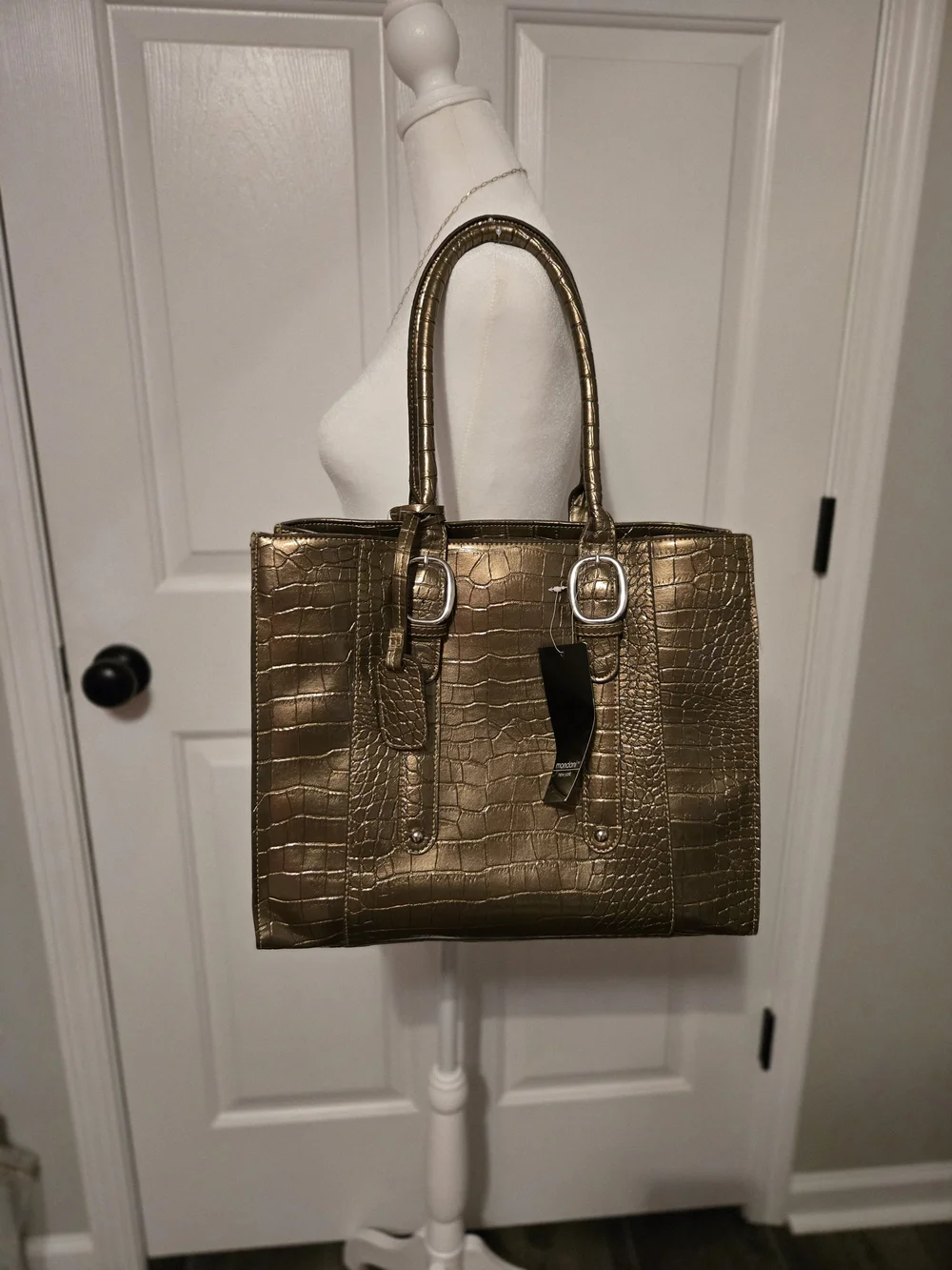 Metallic Croc-Embossed Tote Bag in Gold